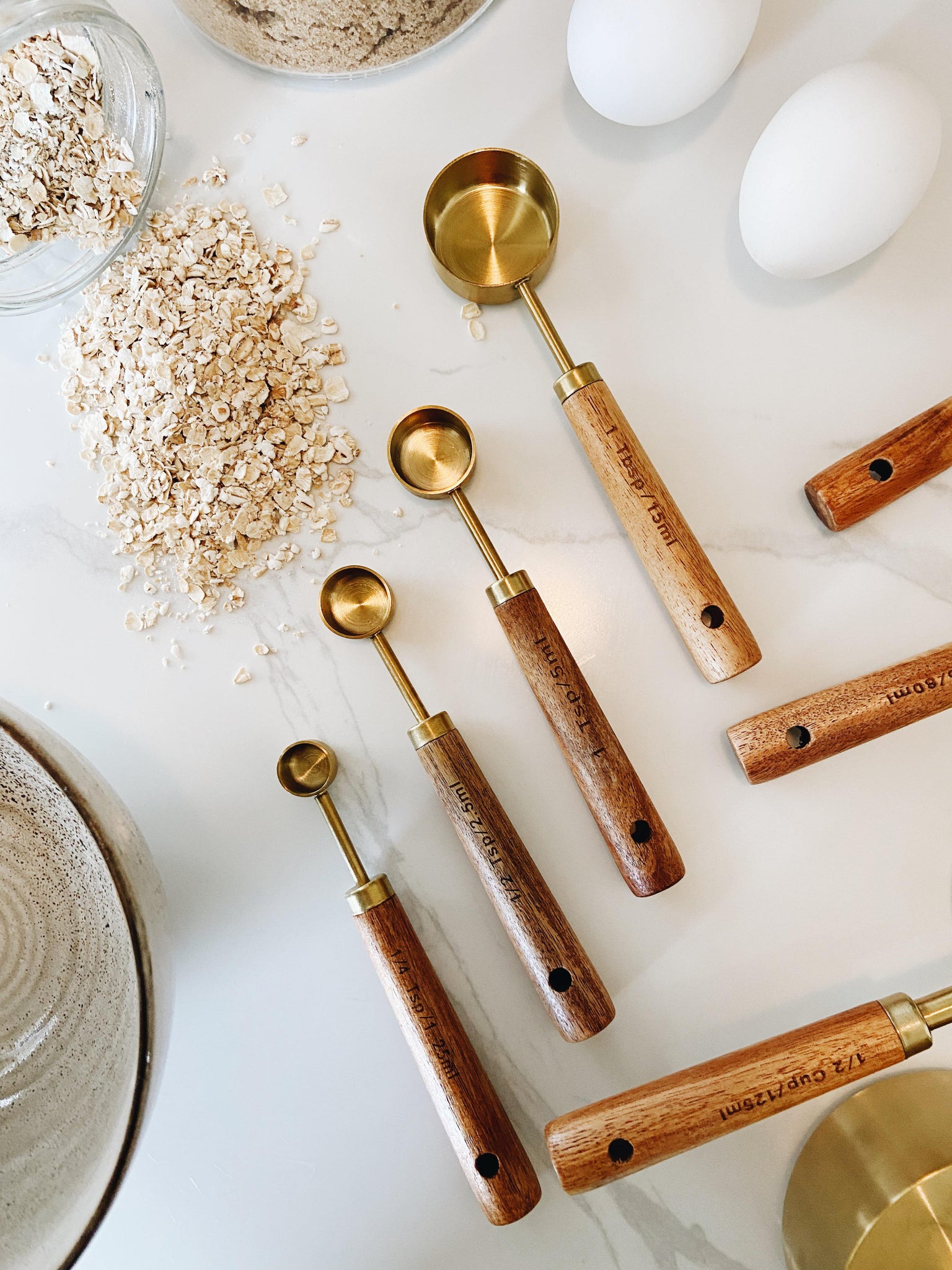 PrettyFine Collection 8 Piece Gold Measuring Cups Set and Measuring Spoons,  Golden With fragrant wood Handles-Complete Set of Measure Cups and Spoons